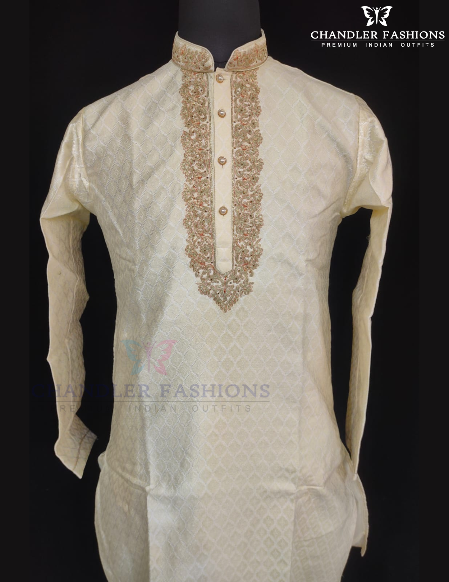 Charming Cream Color Jacquard Designer Men's Kurta With Stone And Embroidery Work