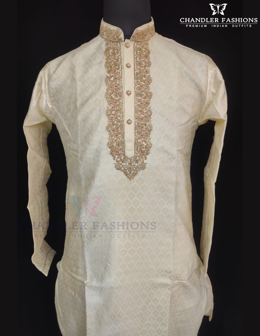 Charming Cream Color Jacquard Designer Men's Kurta With Stone And Embroidery Work