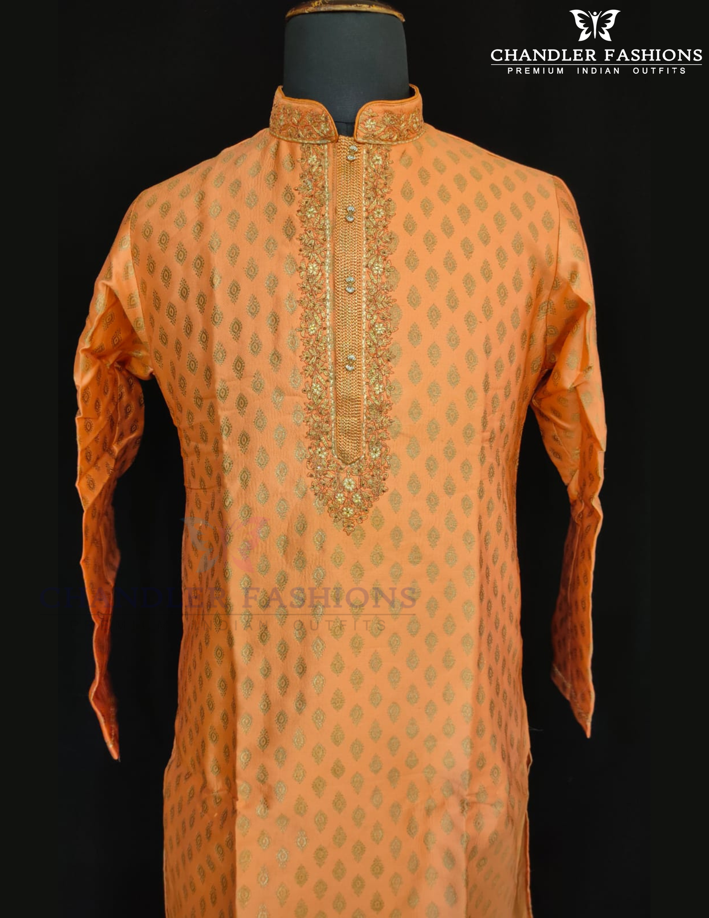 Wonderful Orange Color Raw Silk Designer Men's Kurta With Stone And Embroidery Work