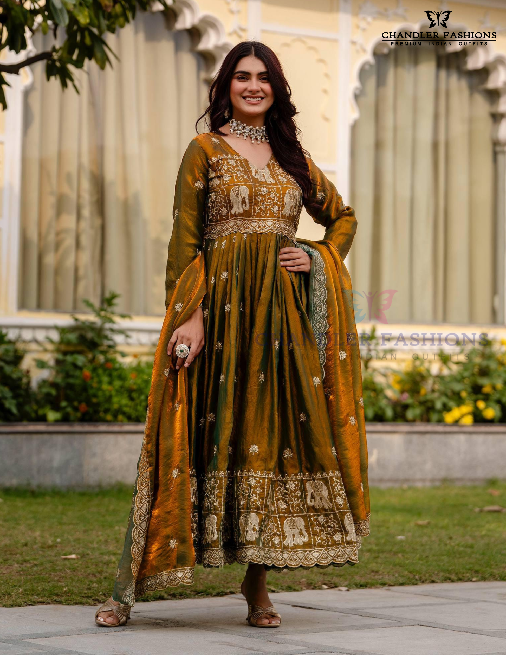Green Color Fendy Satin With Embroidery Work Long Gown In Tempe