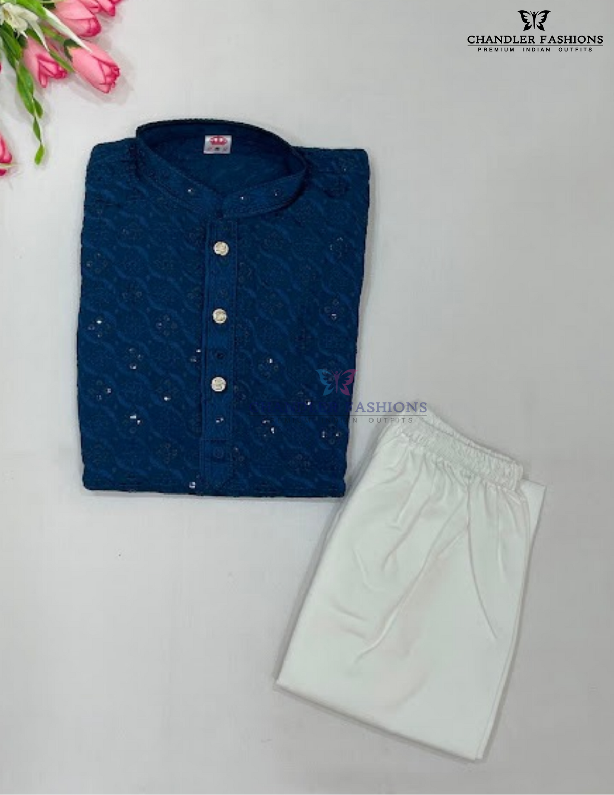 Wonderful Blue Color Cotton Embroidery And Sequins Work Kurta With Pajama Set Near Me