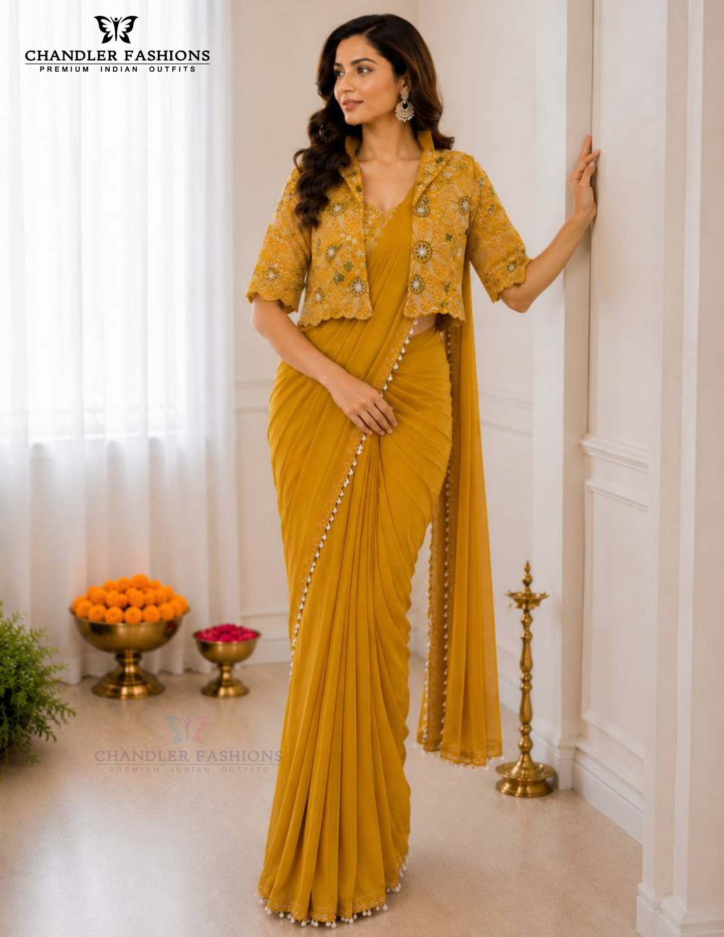 Yellow Color Crepe Silk Saree Set With Embroidery Koti Jacket And Sequin Work For Women Near Me
