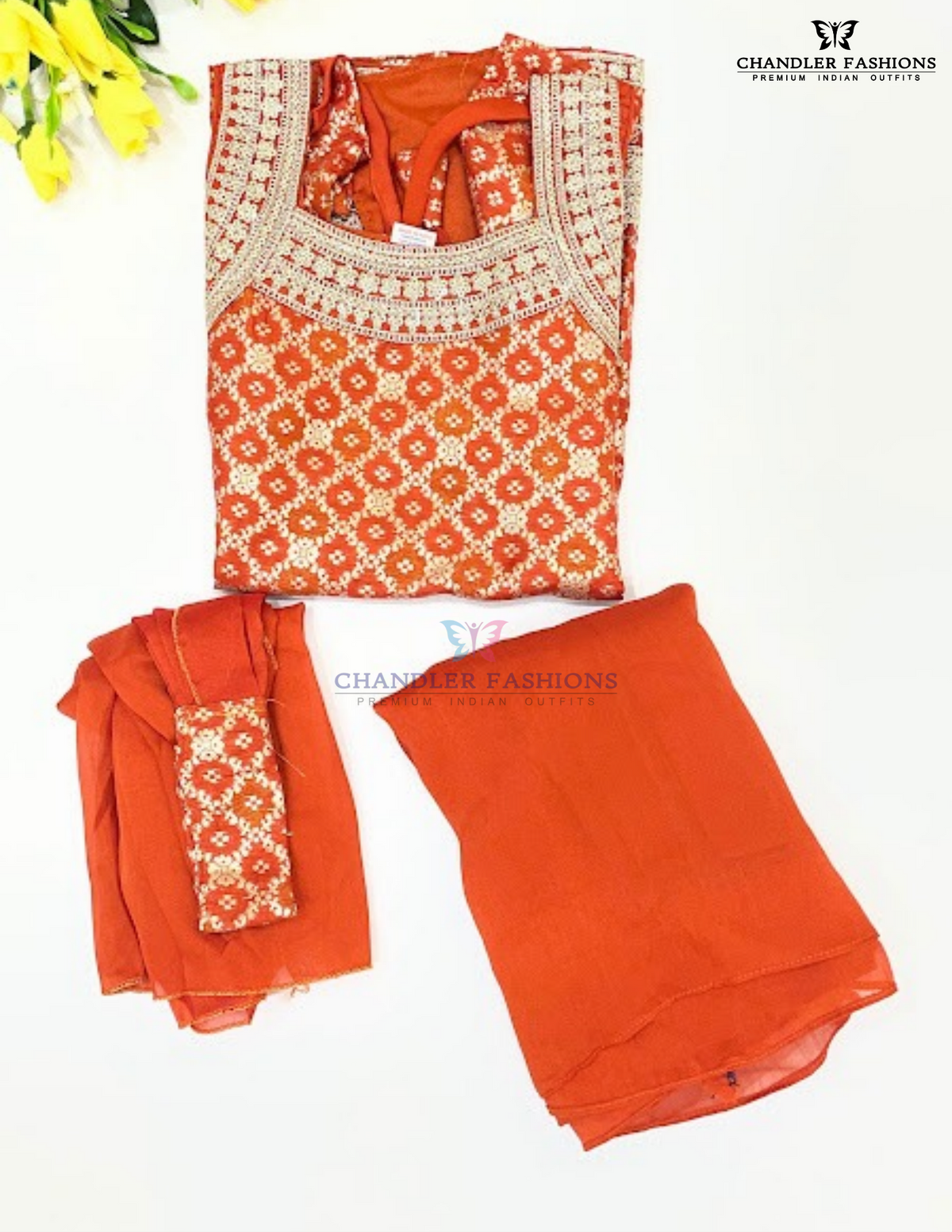 Alluring Orange Color Georgette Palazzo Suits With Embroidery And Sequins Work Near Me