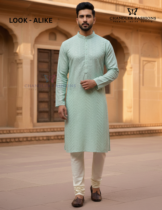 Charming Sea Green Color Soft Silk With Thread Work Kurta Suits For Men