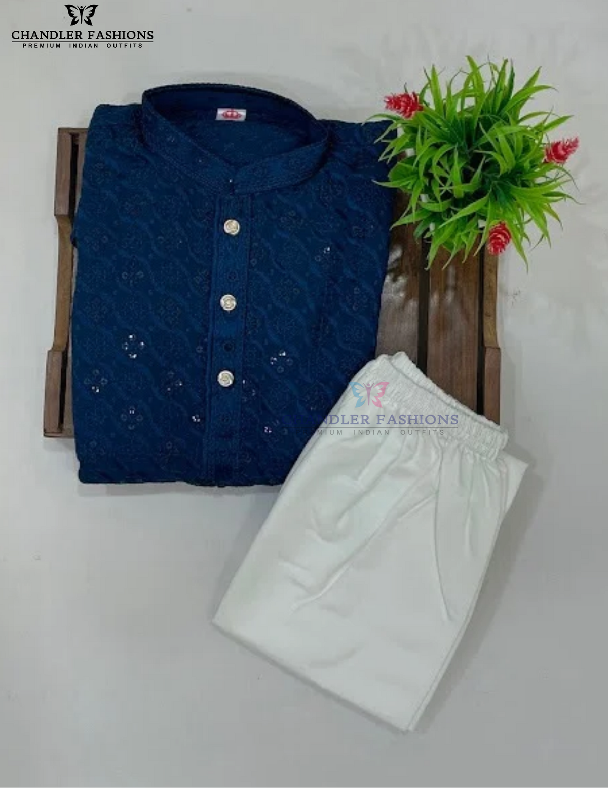 Blue Color Cotton Embroidery And Sequins Work Kurta With Pajama Set In USA