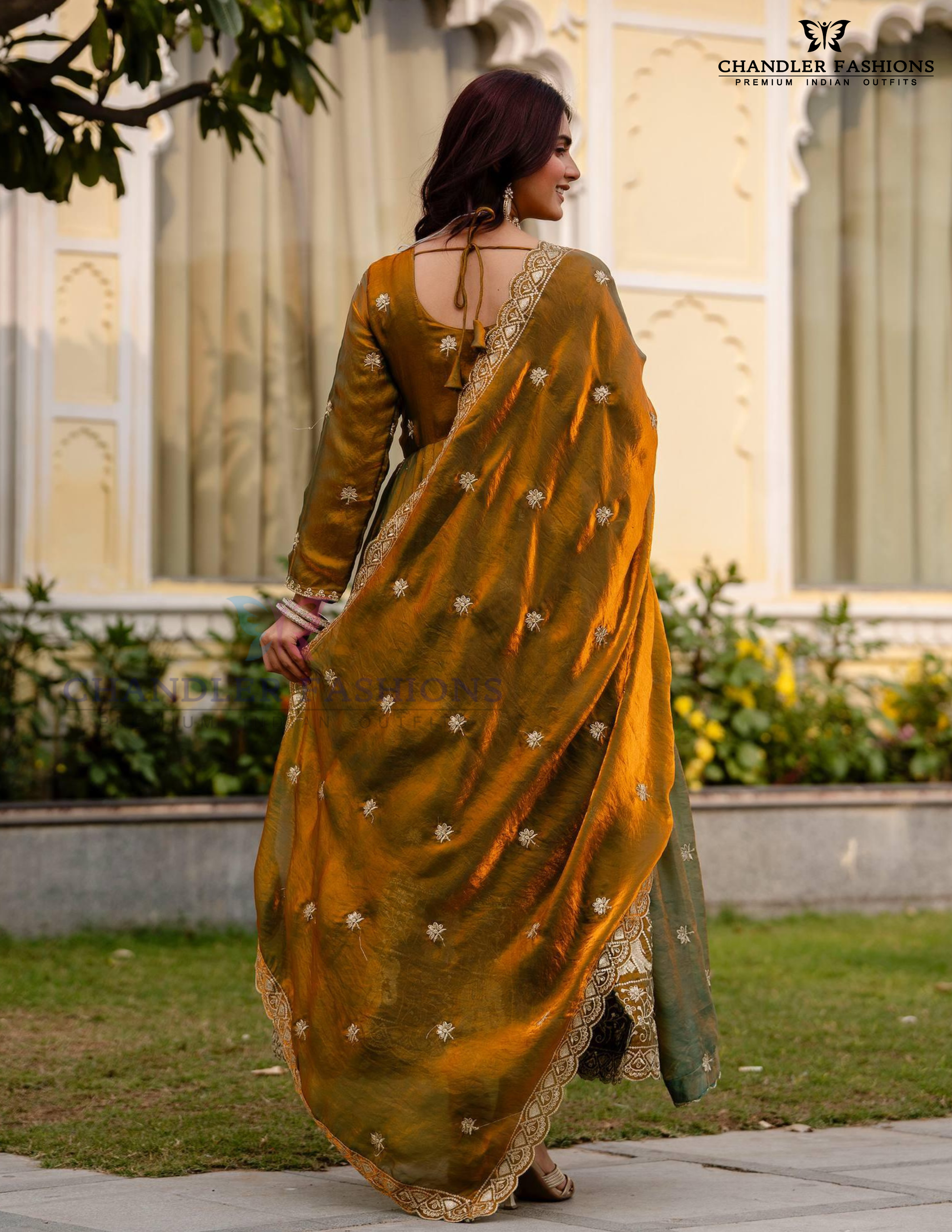 Green Color Fendy Satin With Embroidery Work Dual Tone Long Gown In USA