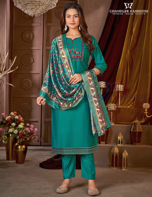 Appealing Bluish Green Color Vatican Silk With Embroidery And Sequins Work Salwar Suits With Dupatta