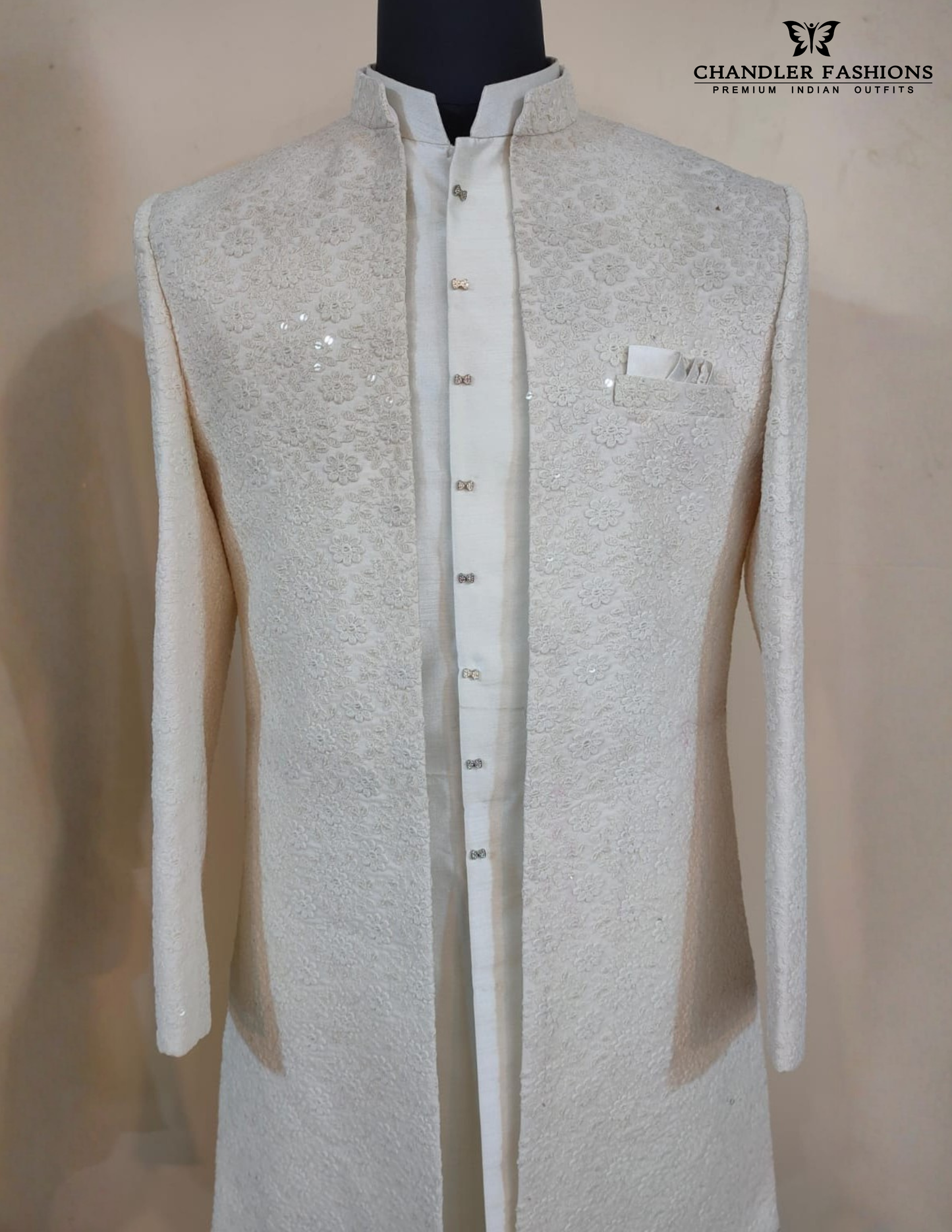 Cream Color Silk With Sequins Embroidery Work Sherwani Suits Near Me