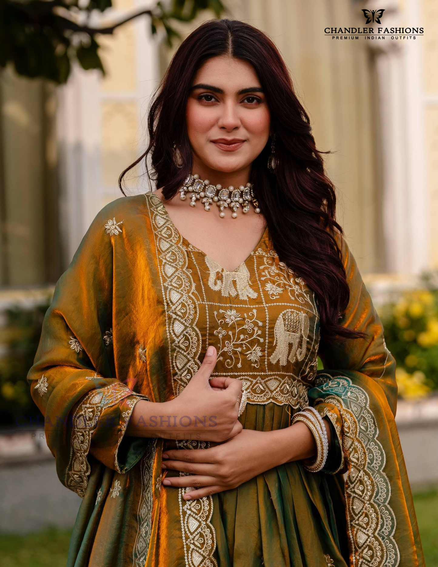 Green Color Fendy Satin With Embroidery Work Dual Tone Long Gown Near Me