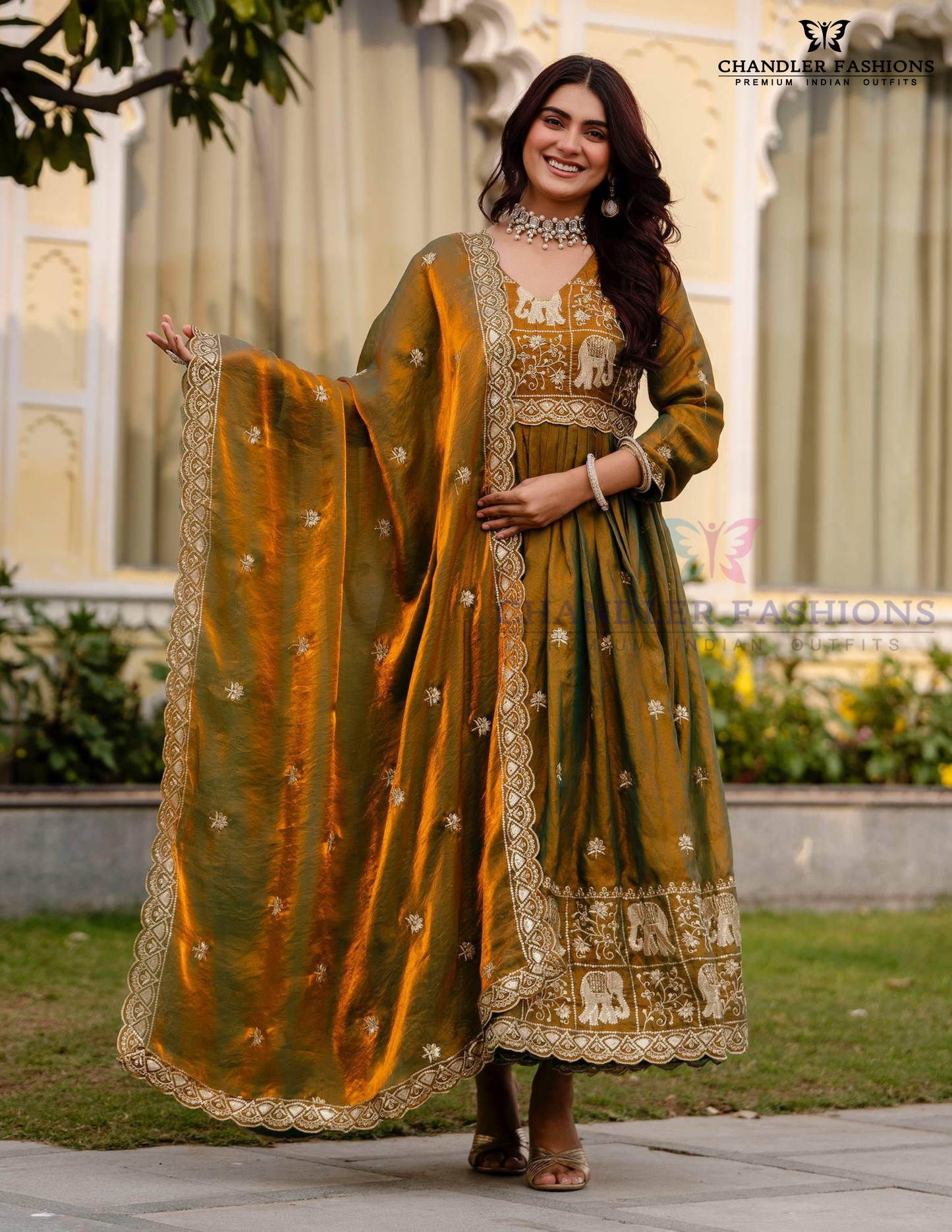 Gorgeous Green Color Fendy Satin With Embroidery Work Dual Tone Long Gown With Dupatta