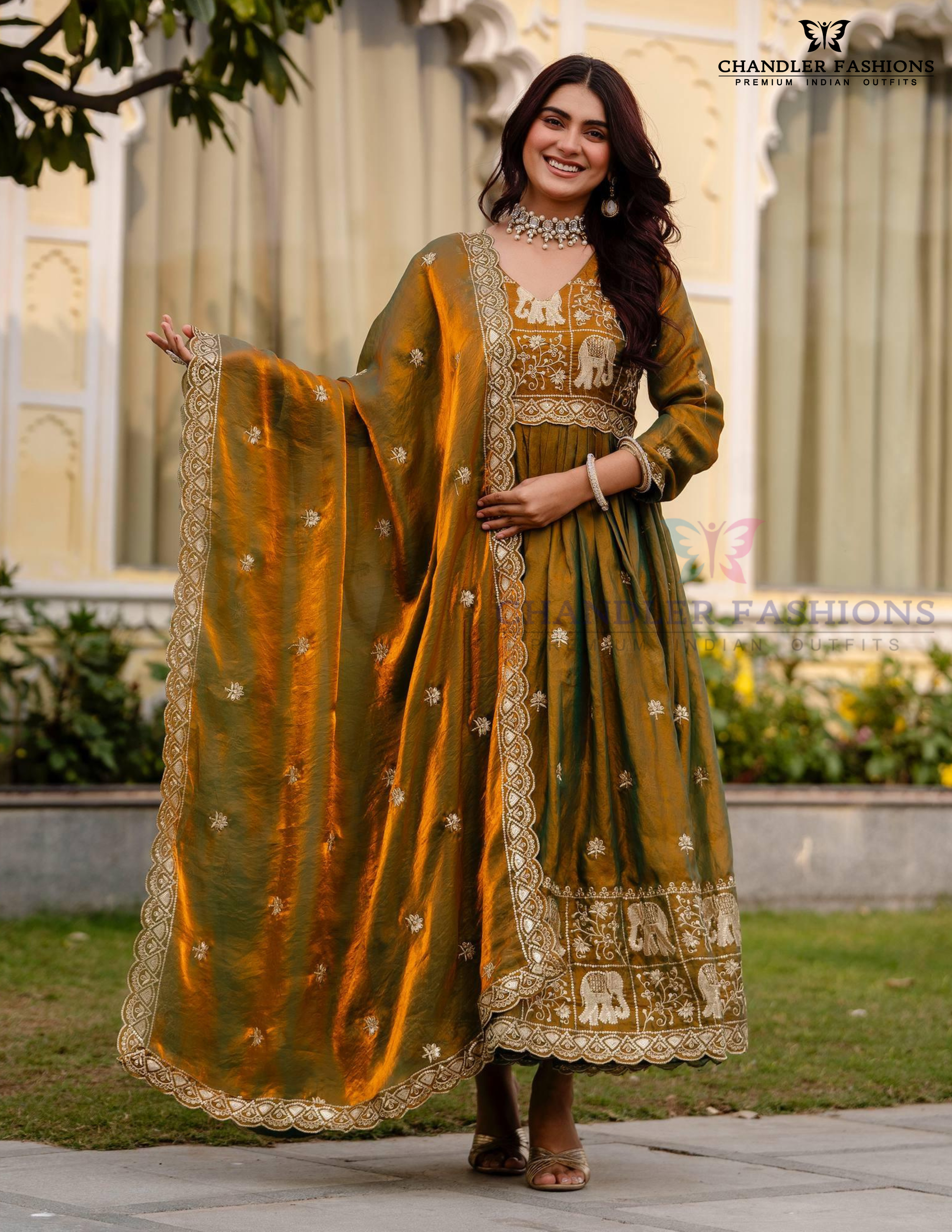 Gorgeous Green Color Fendy Satin With Embroidery Work Dual Tone Long Gown With Dupatta