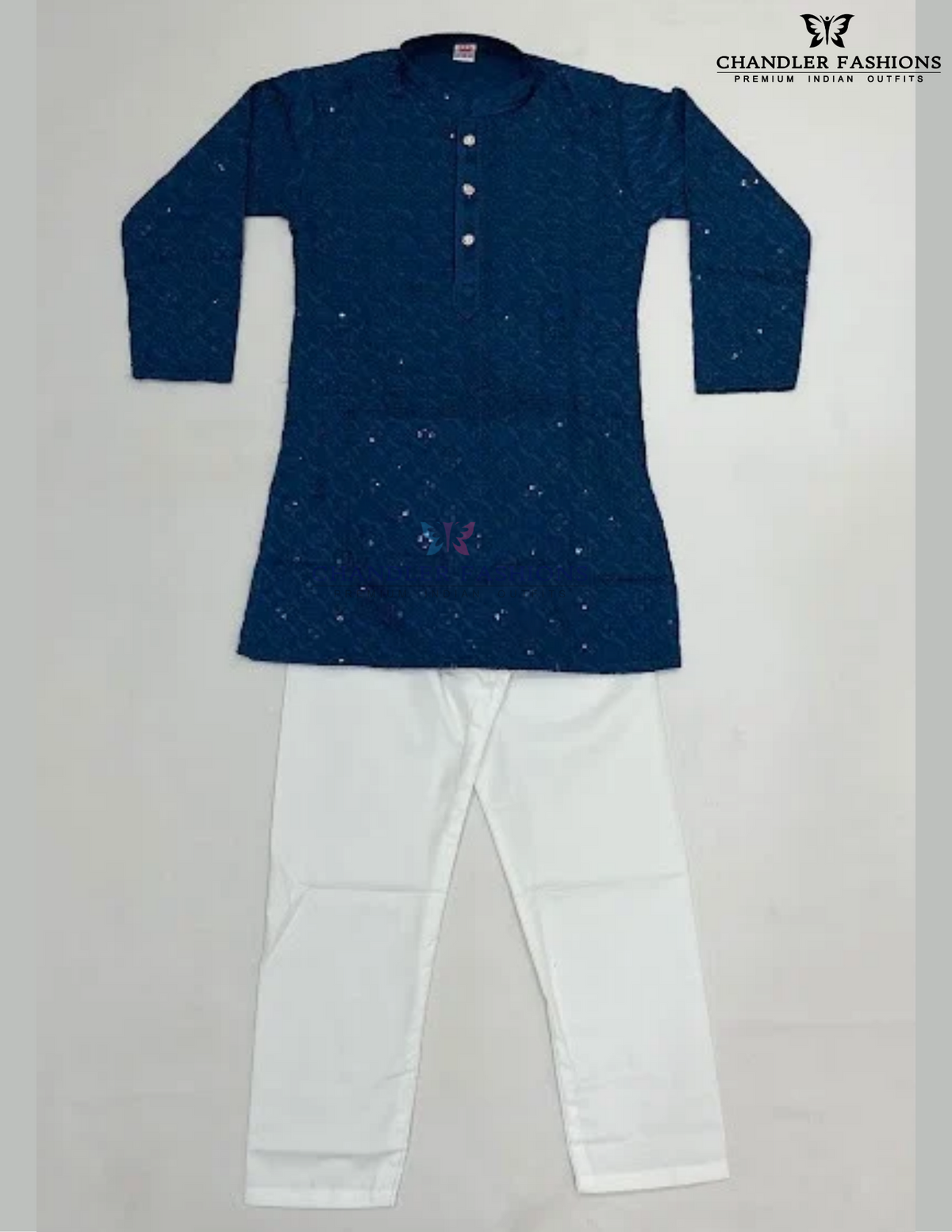 Wonderful Blue Color Cotton Embroidery And Sequins Work Kurta With Pajama Set For Boys