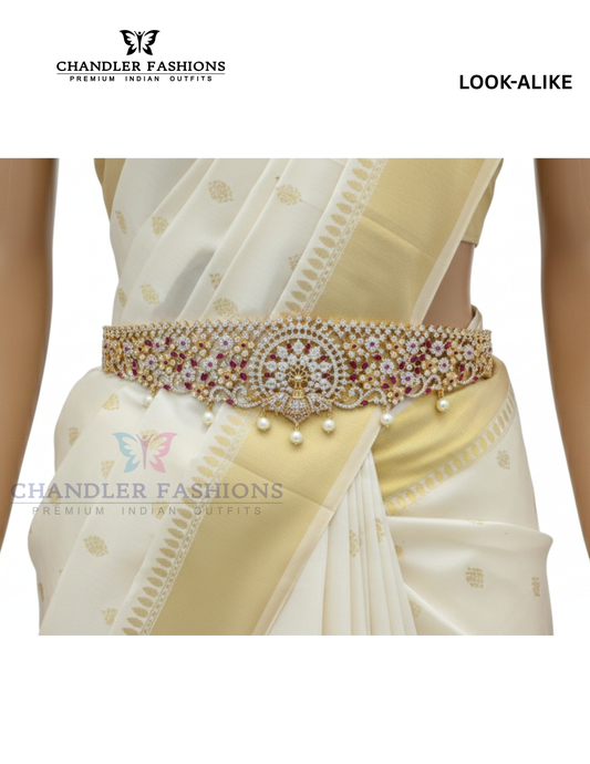 Traditional Gold Plated White & Red Jarkan Stones Hip Chain