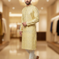Attractive Light Yellow Color Raw Silk With Self Design Kurta Suits For Men