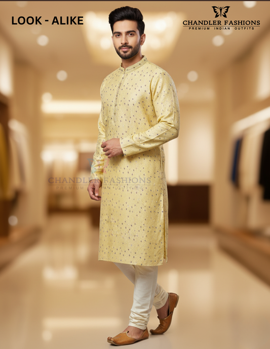Attractive Light Yellow Color Raw Silk With Self Design Kurta Suits For Men