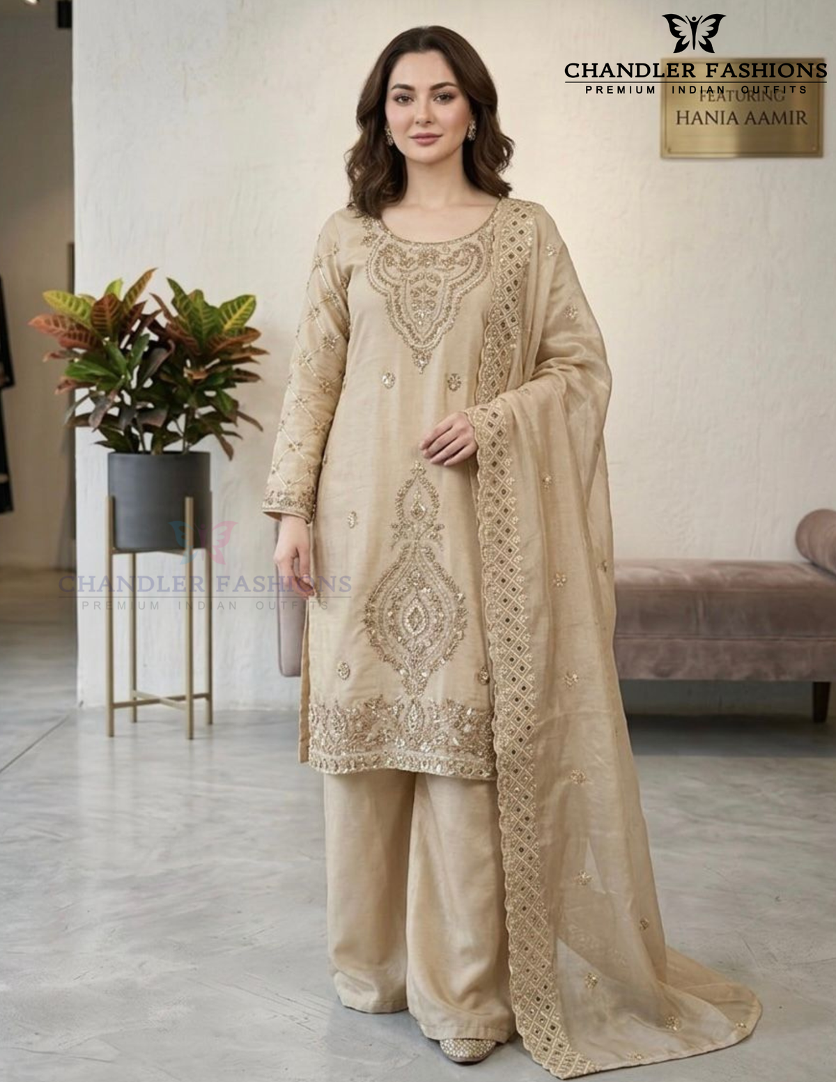 Elegant Cream Color Silk With Embroidery And Beads Work For Women