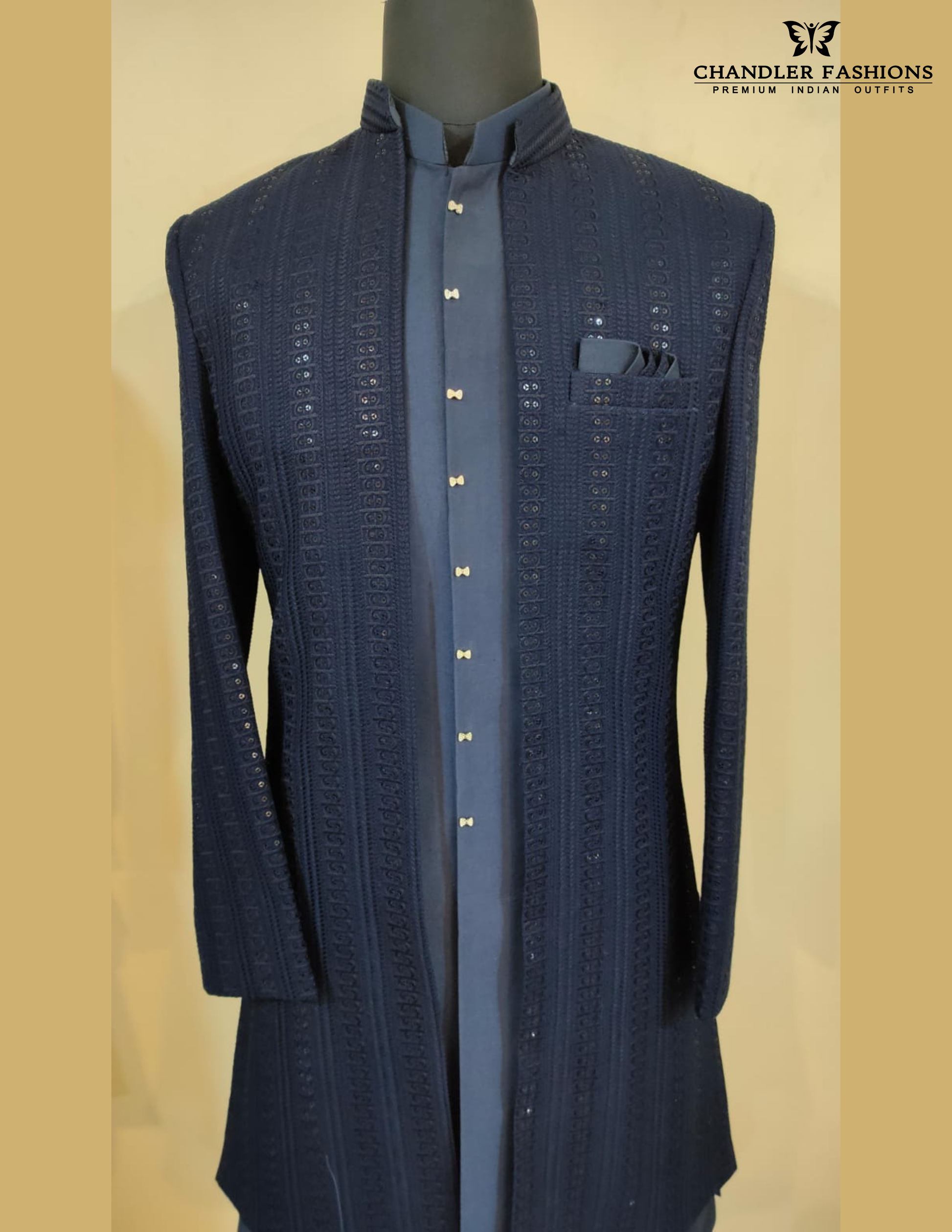 Navy Blue Color Silk With Sequins And Embroidery Work Sherwani Suits Near Me