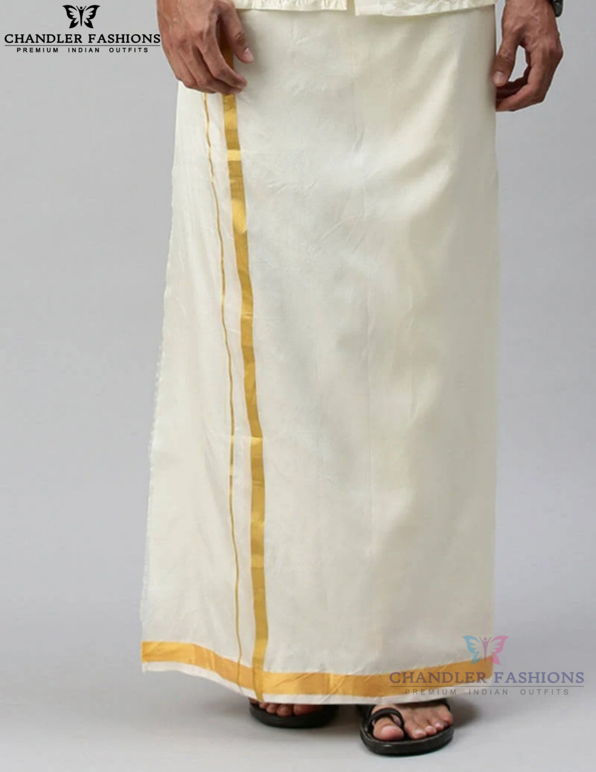 Elegant Cream Color Premium Pure Cotton Golden Zari Border Dhoti Set For Men