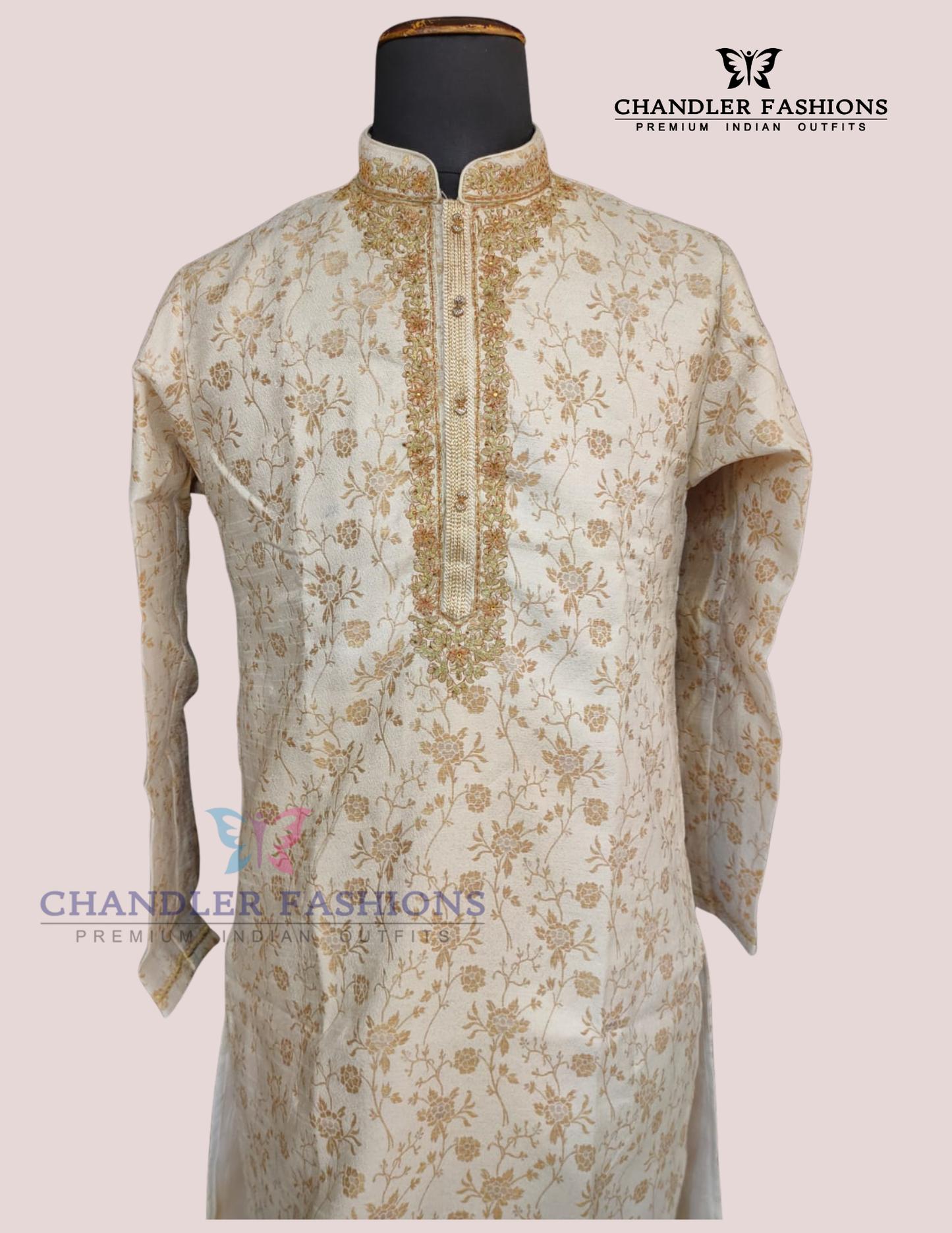 Alluring Cream Color Brocade Embroidery Work Kurta Pajama Set For Men