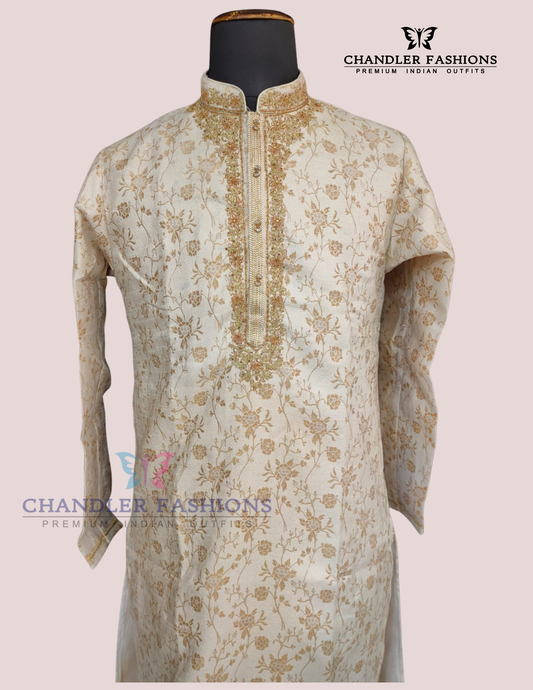 Alluring Cream Color Brocade Embroidery Work Kurta Pajama Set For Men