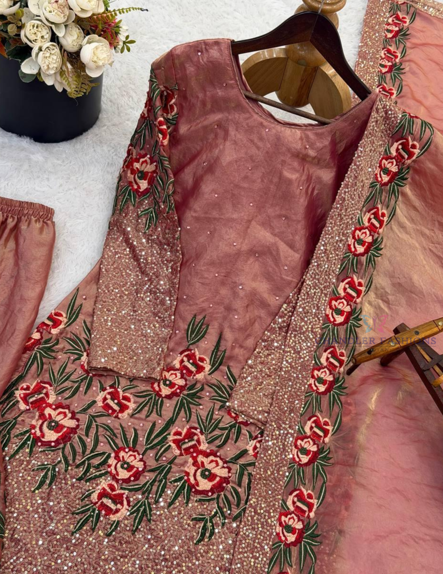 Alluring Peach Color Fendi Silk Sharara Suits In Suncity