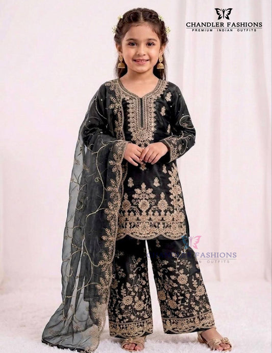 Fantastic Black Color Georgette Embroidery Work Sharara Suit For Girls