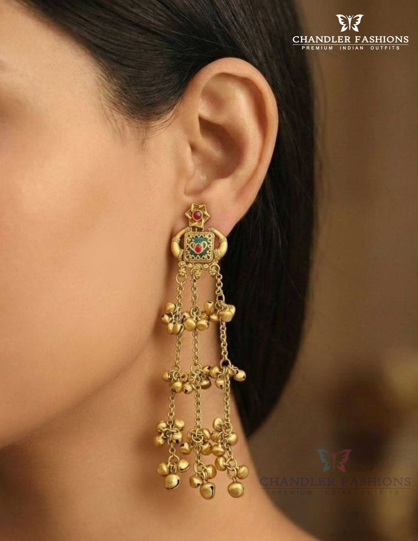 Charming Red Color Stone With Antique Gold Long Earrings For Women