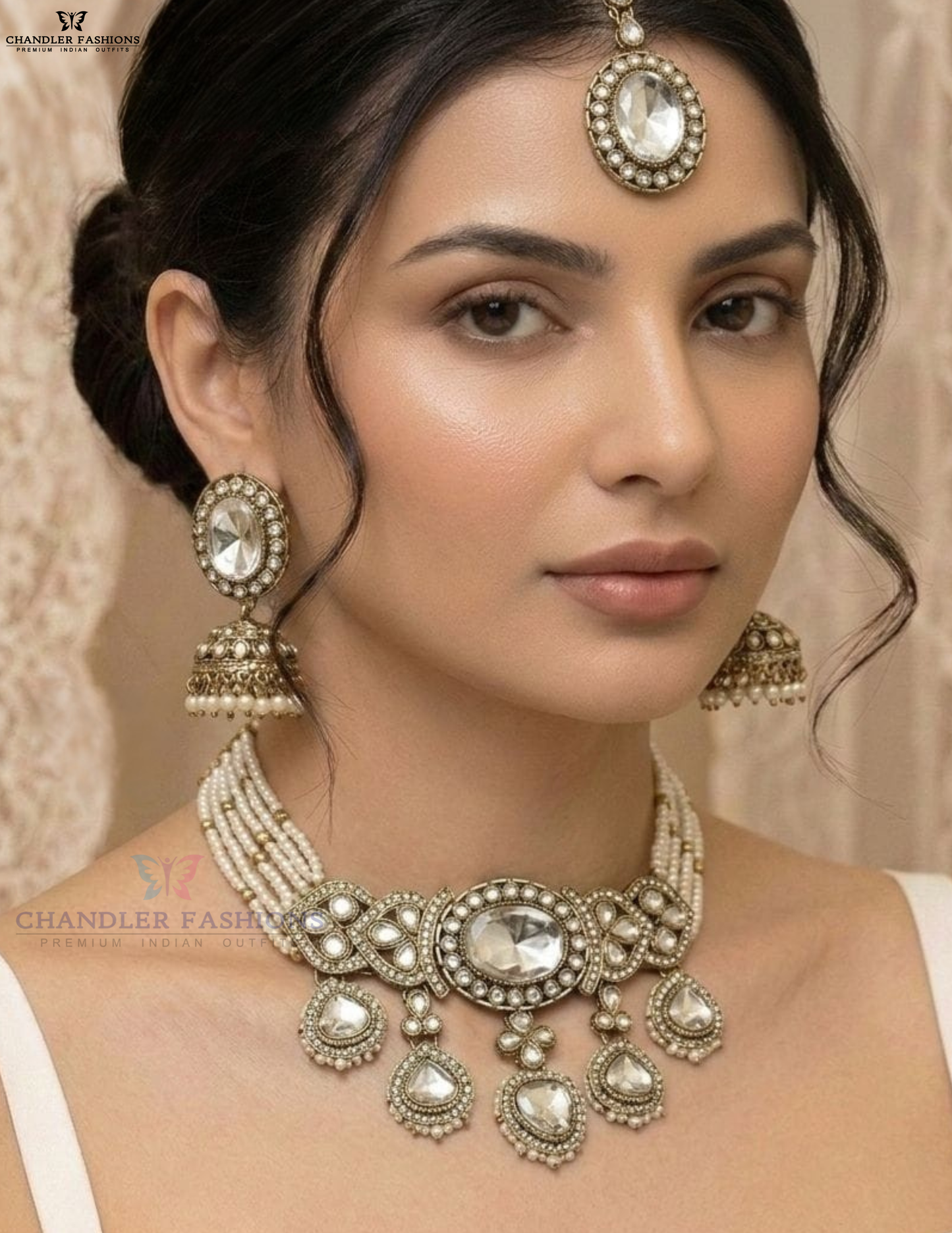 Appealing White Color Stone Antique Gold With Pearl Beaded Necklace Maang Tikka And Earrings