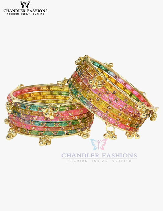 Stunning Multicolor Raindrop Glass Bangles With Stone And Gold Finishing
