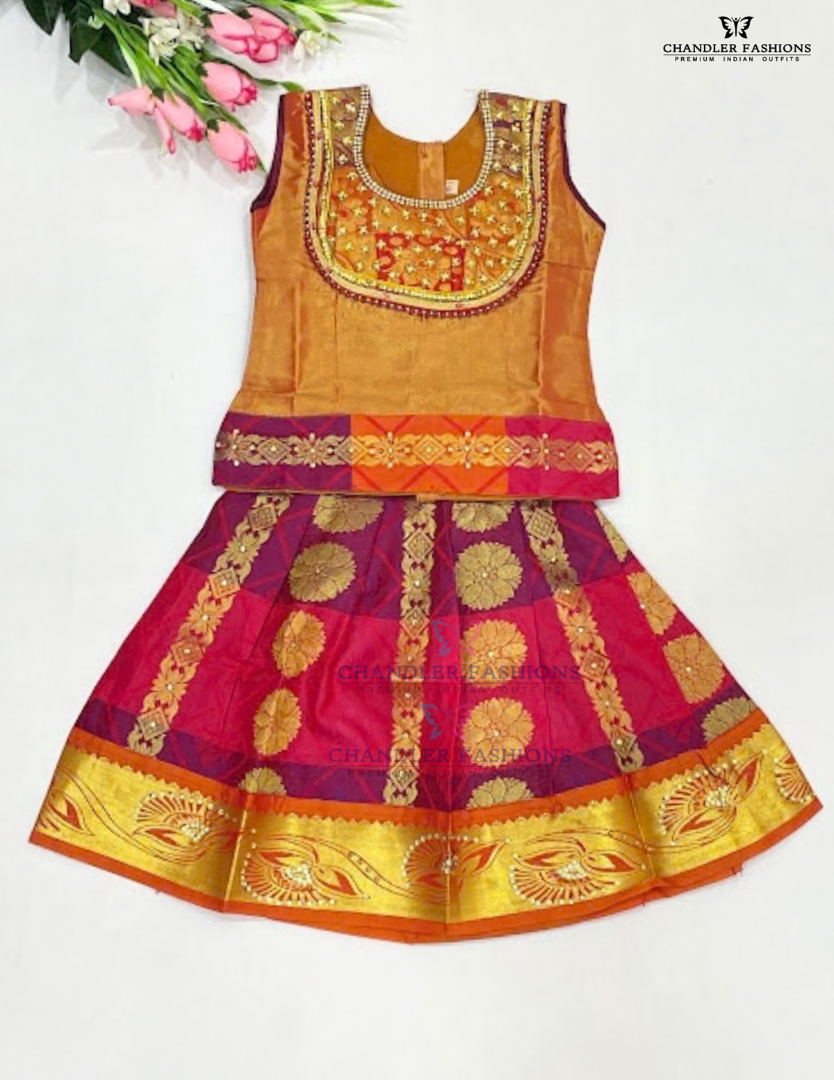 Beautiful Golden Orange Color Art Silk Langa Set With Designer Zari Work For Girls