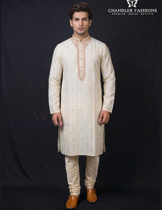 Stunning White Color Soft Silk With Embroidery Work Kurta Suits For Men
