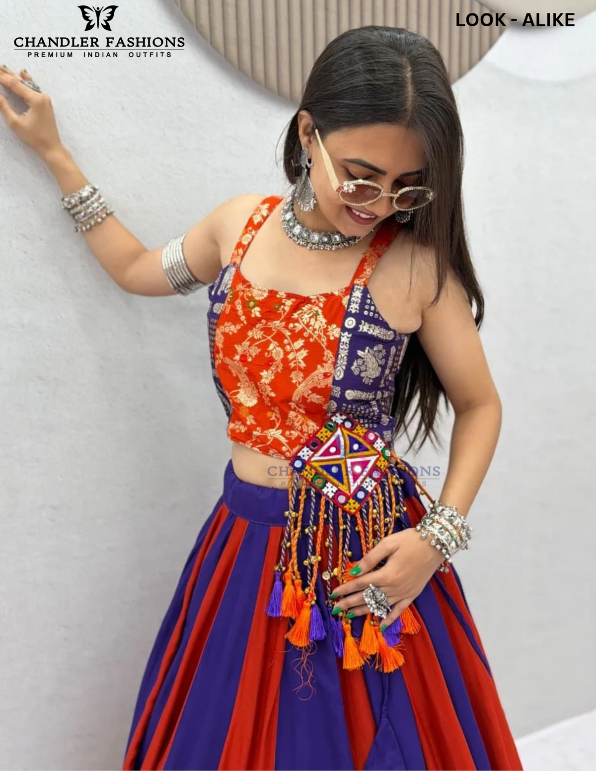 Orange And Blue Color With Gamthi Work Chaniya Choli In Tempe