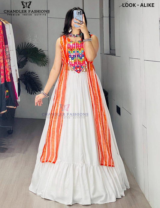 Attractive White And Orange Color Rayon Cotton Embroidery And Mirror Work Chaniya Choli For Women