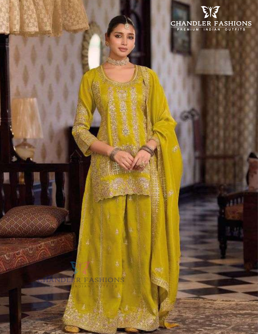 Charming Lime Green Color Shimmer Palazzo Suits With Embroidery Work For Women