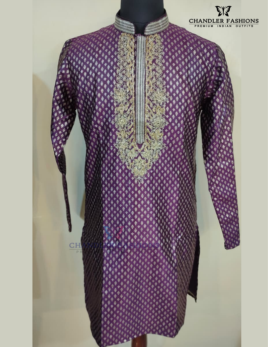 Charming Purple Color Banarasi With Zari Work Kurta Pajama For Men