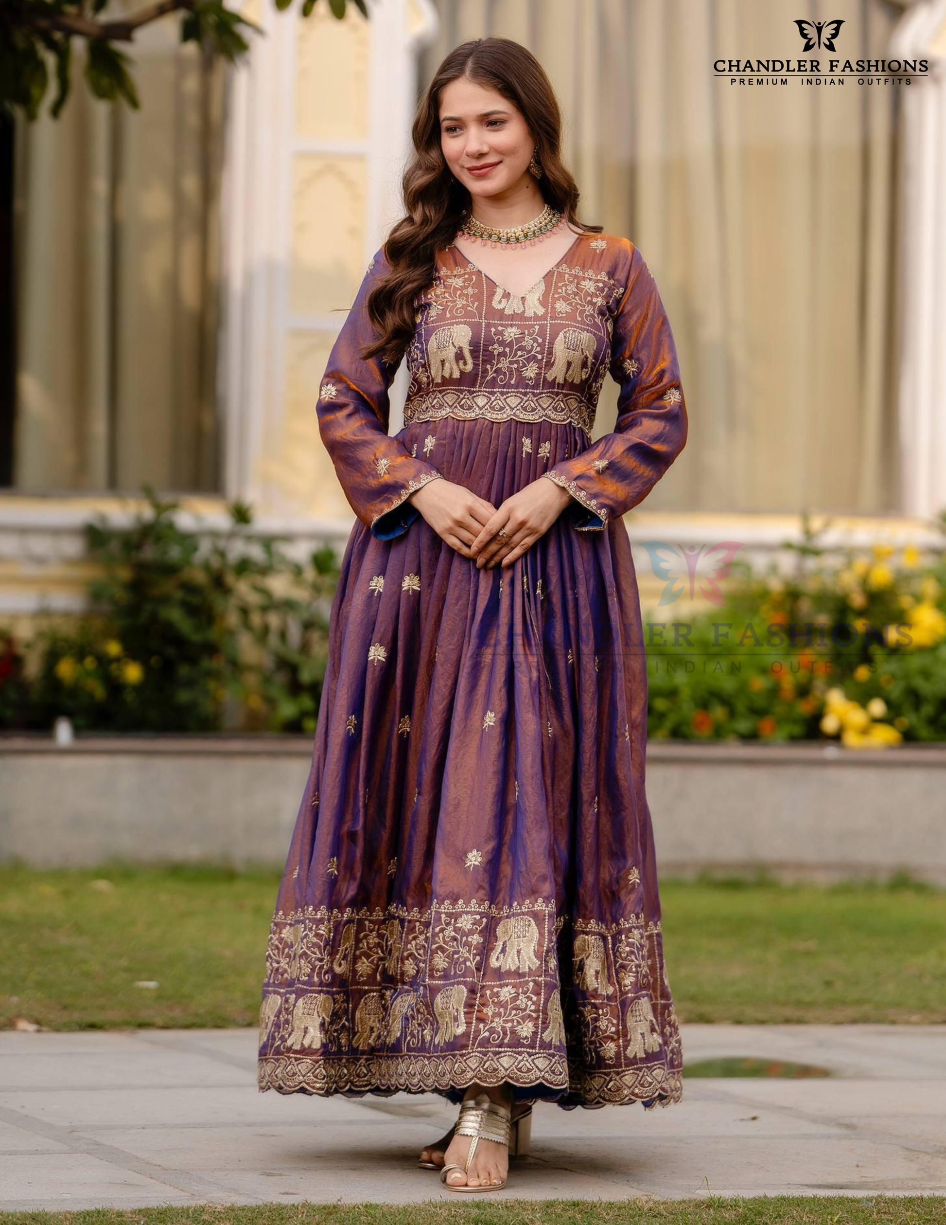 Purple Color Fendy Satin Long Gown With Dupatta In Mesa