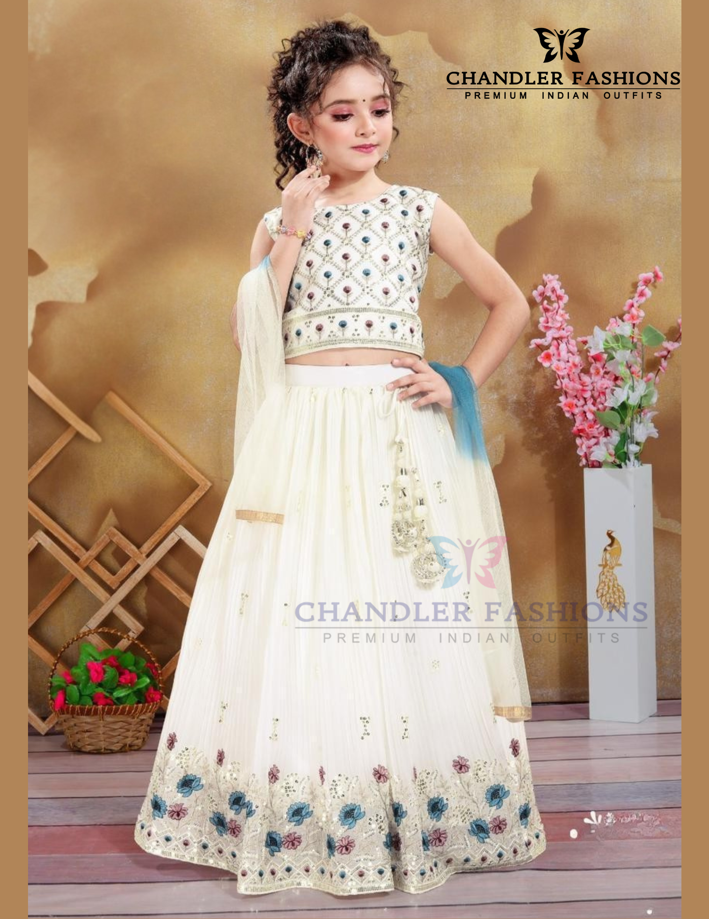 Elegant Cream Color Embroidery And Sequins Work Choli Set With Dupatta For Girls