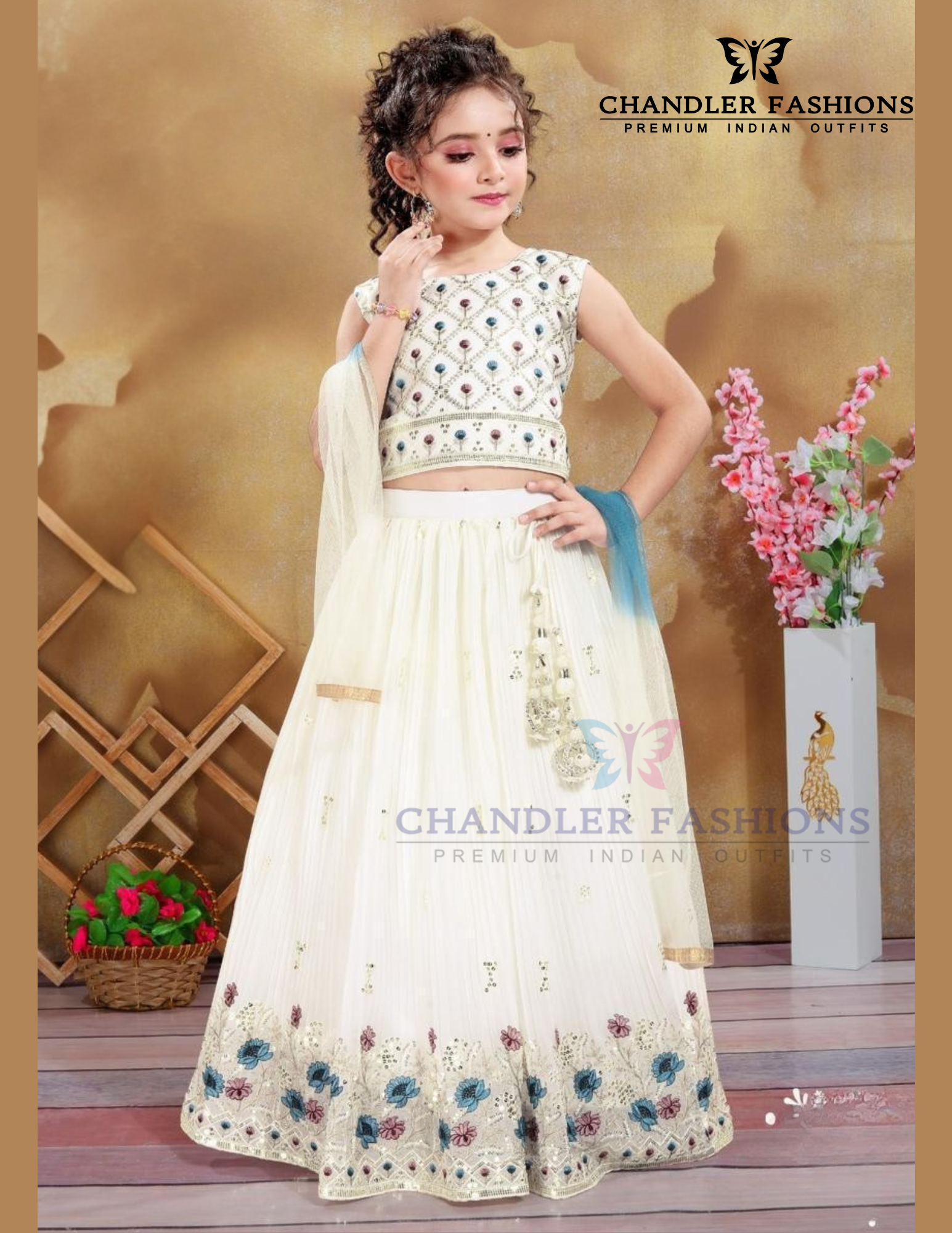 Elegant Cream Color Embroidery And Sequins Work Choli Set With Dupatta For Girls
