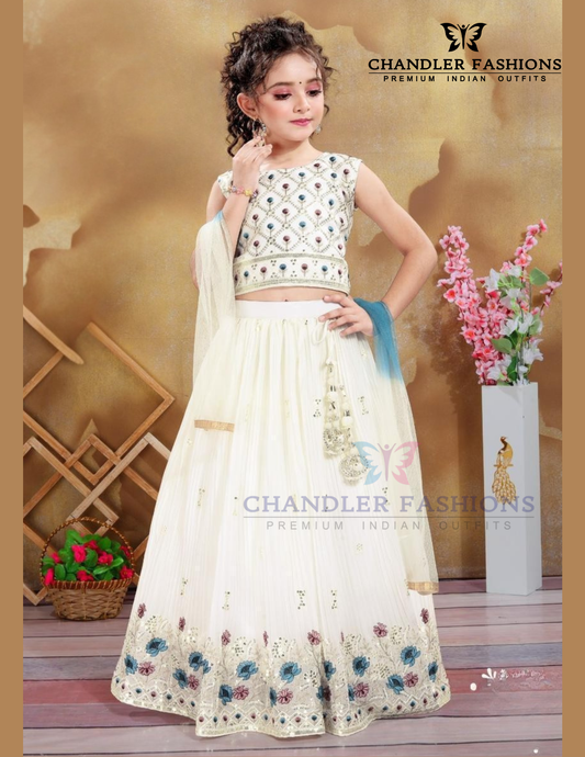 Elegant Cream Color Embroidery And Sequins Work Choli Set With Dupatta For Girls