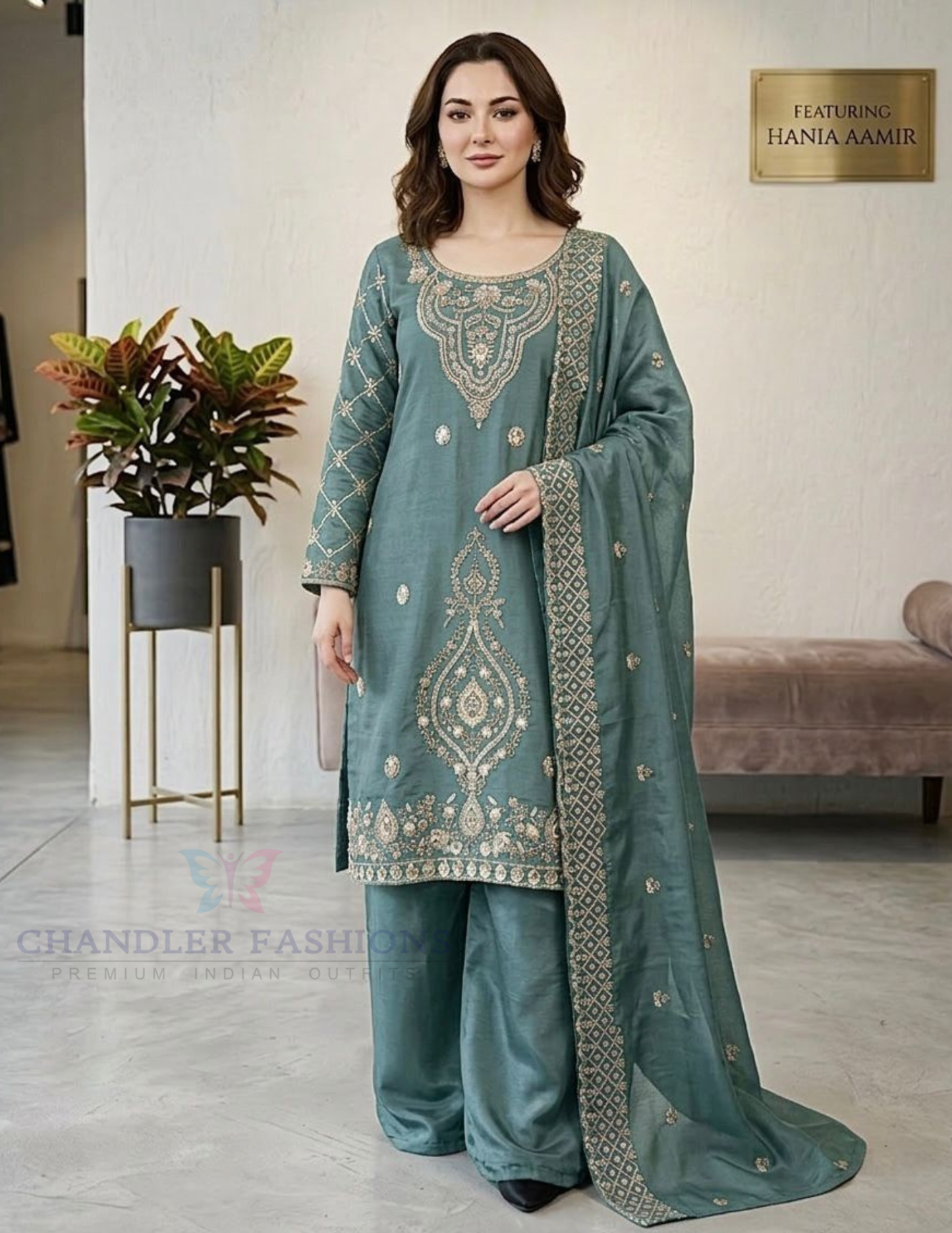 Beautiful Teal Green Color Silk With Embroidery And Beads Work For Women
