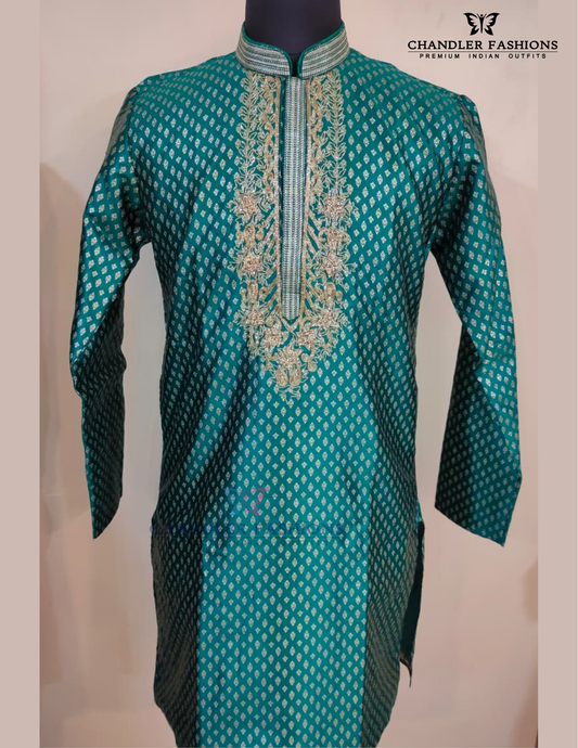 Stunning Green Color Banarasi With Zari Work Kurta Pajama For Men
