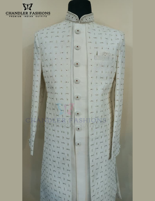 Alluring White Color Hand Embroidery Work With Jacquard Sherwani Suit For Men - PREMIUM QUALITY