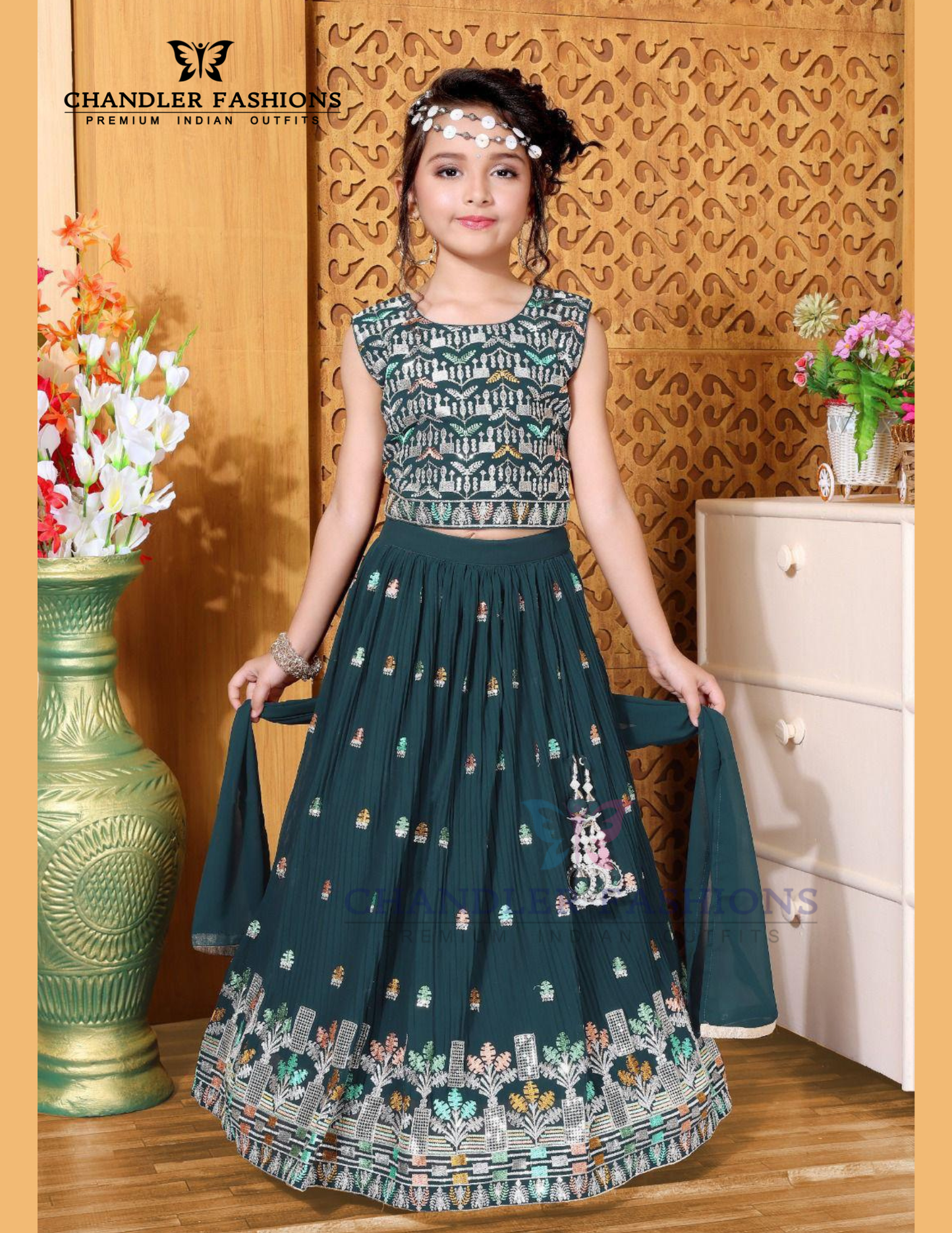 Alluring Teal Green Color Embroidery And Sequins Work Choli Set With Dupatta For Girls