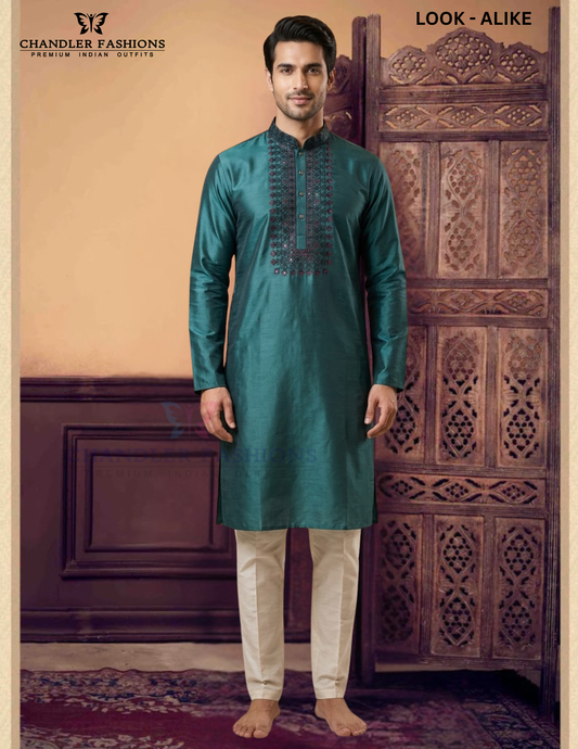 Attractive Teal Blue Color Soft Cotton Silk Kurta With Pajama For Men
