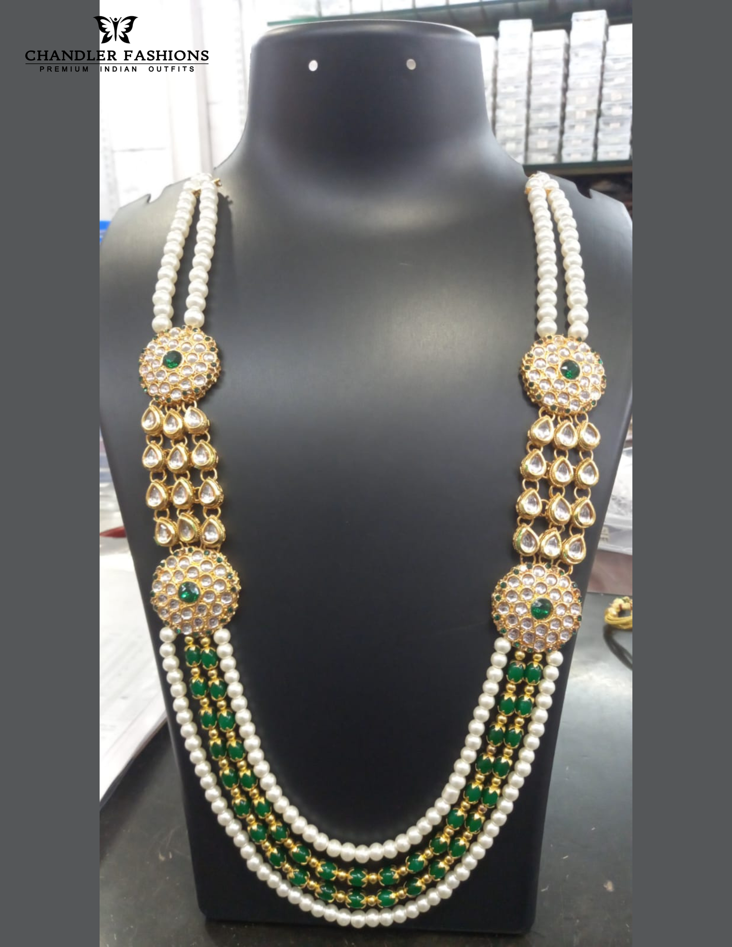 Attractive Green And White Color Gold Plated With Stone And Beads Work Mala
