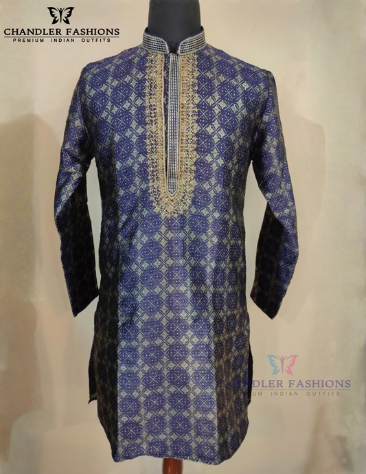 Elegant Blue Color Banarasi Brocade Kurta With Pajama For Men