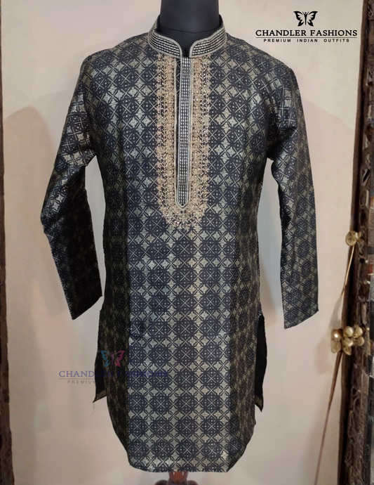 Amazing Black Color Banarasi Brocade Kurta With Pajama For Men