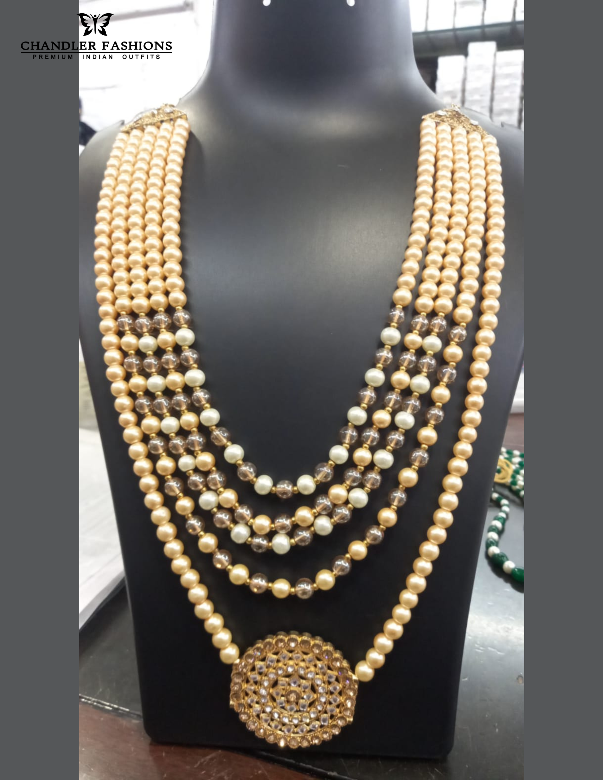 Captivating Peach Color Gold Plated With Stone And Beads Work Mala