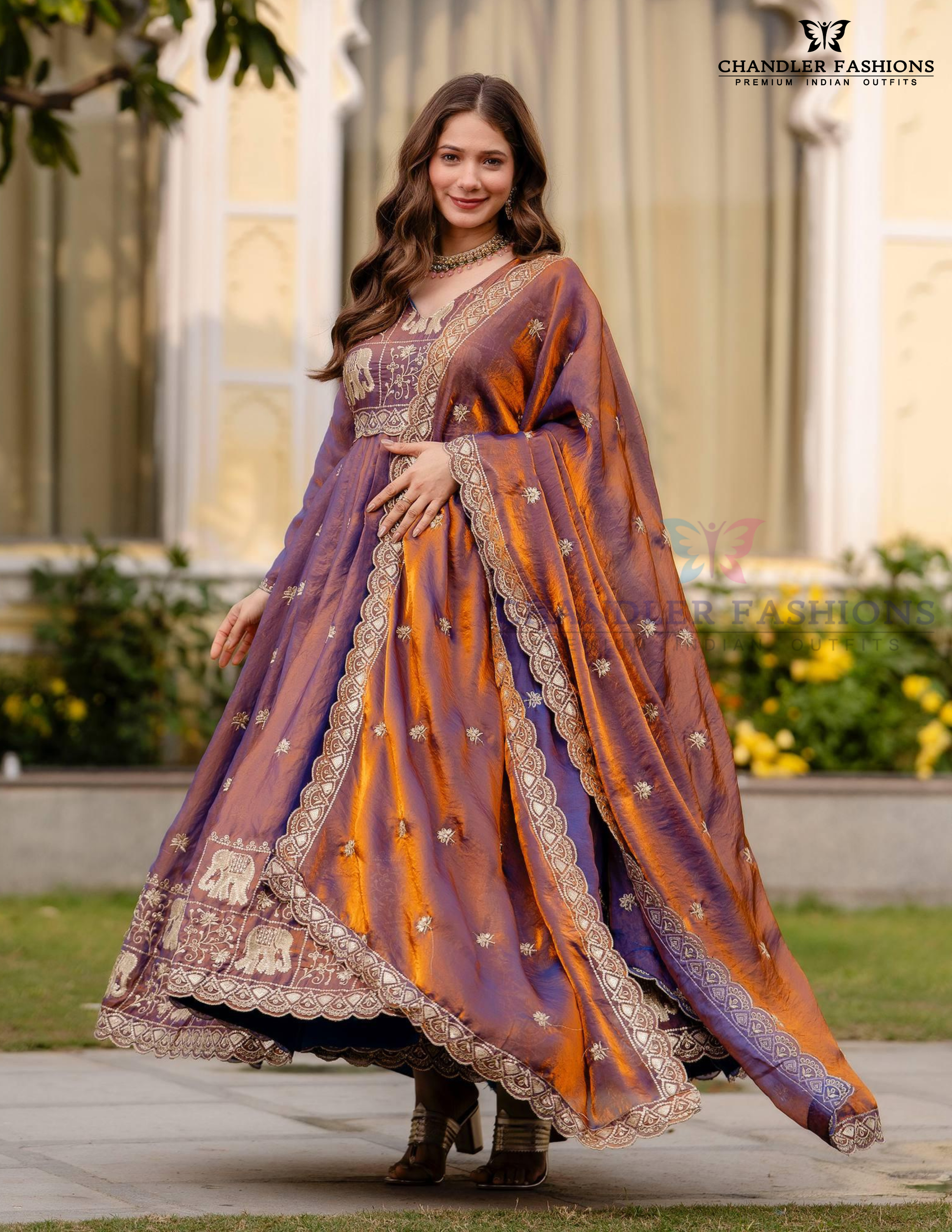 Stunning Purple Color Fendy Satin With Embroidery Work Dual Tone Long Gown With Dupatta