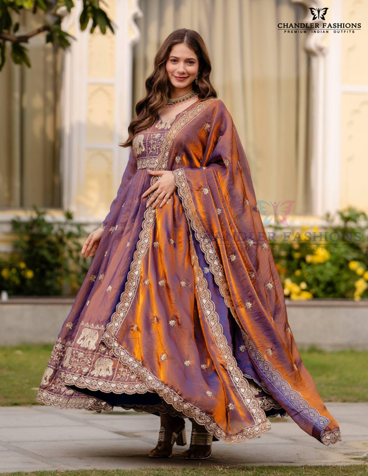 Stunning Purple Color Fendy Satin With Embroidery Work Dual Tone Long Gown With Dupatta